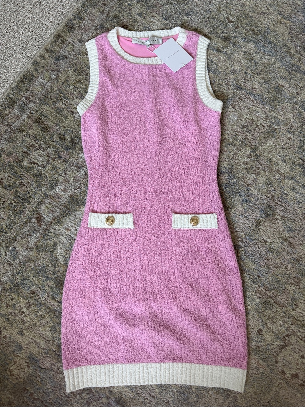 Pink Sleeveless Knit Dress with Cream Trim